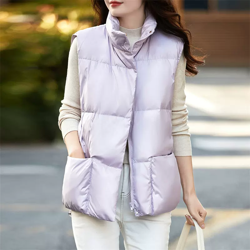 德玛纳冬季新款鸭绒马甲女时尚保暖背心宽松浅紫色羽绒外套