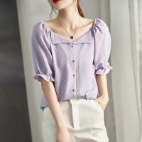 德玛纳法式方领上衣女夏季新款紫色甜美短袖衬衫设计感小众