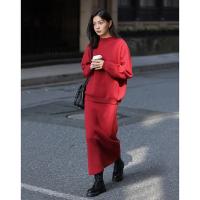 德玛纳红色休闲针织毛衣裙子套装女冬季时尚风宽松保暖两件套