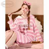 GUKOO/果壳女樱桃条纹粉色睡裙冬