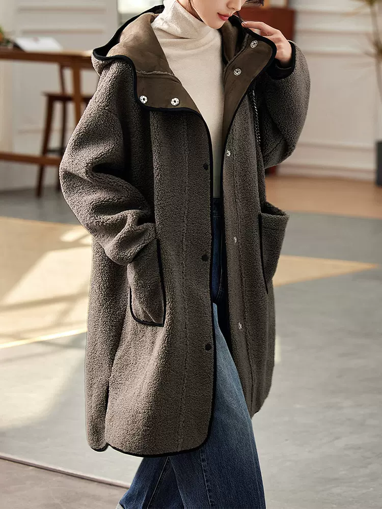 德玛纳冬季新款仿羊羔毛外套女中长款时尚保暖宽松气质大衣