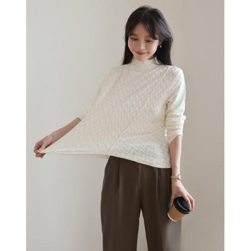 【肌理高领】秋新品弹力几何肌理高领波边圆弧开叉下摆设计打底衫