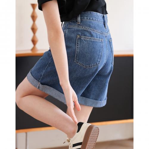 德玛纳夏季新款薄款牛仔短裤女士高腰显瘦小个子直筒阔腿裤子