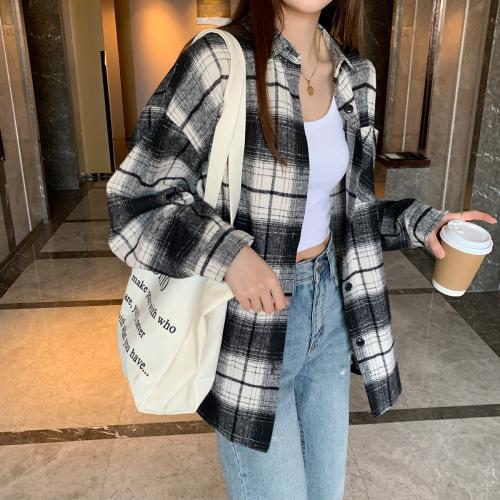 2023秋冬新款女翻领格纹长袖衬衫百搭时髦显瘦气质潮流ins