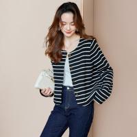 【针织条纹衫】春秋季款都市休闲风H型圆领针织开襟外套女