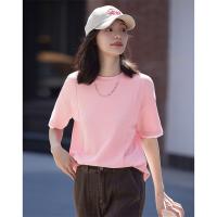 德玛纳粉色圆领T恤女分割设计夏季新款内搭宽松短袖打底上衣