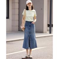 德玛纳蓝色牛仔半身裙女夏季新款中长休闲高腰显高显瘦A字裙