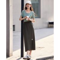 德玛纳夏季新品绿色半身裙女夏季新款中长款休闲高腰显高显瘦