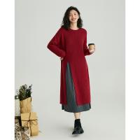 德玛纳红色针织连衣裙女冬季新款时尚风宽松显瘦休闲中长裙子