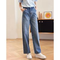 德玛纳蓝色牛仔裤女春季新款高腰垂感直筒阔腿裤宽松法棍裤子