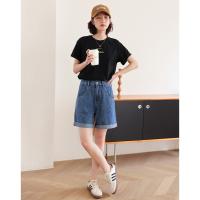 德玛纳夏季新款薄款牛仔短裤女士高腰显瘦小个子直筒阔腿裤子