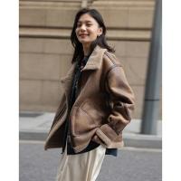 德玛纳皮毛一体羊羔毛外套女新款冬季麂皮绒机车服夹克羊羔绒