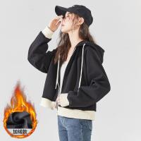 2023秋冬新款女连帽下摆拼接短款卫衣外套百搭减龄韩版时髦潮