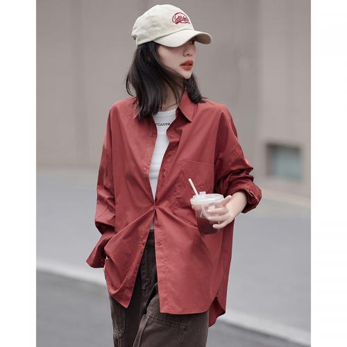 德玛纳红棕色复古衬衫女秋季款休闲长袖衬衣宽松内搭上衣外套