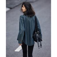 德玛纳蓝色牛仔衬衫女秋季复古休闲长袖衬衣宽松内搭上衣外套