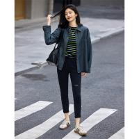 德玛纳蓝色牛仔衬衫女秋季复古休闲长袖衬衣宽松内搭上衣外套