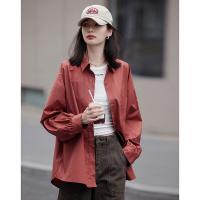 德玛纳红棕色复古衬衫女秋季款休闲长袖衬衣宽松内搭上衣外套