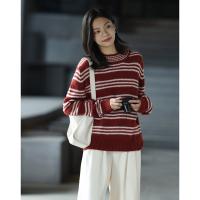 德玛纳复古条纹宽松慵懒风毛衣女秋冬季新款外穿外套针织上衣