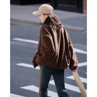 德玛纳深咖色绒感棒球服外套女冬季时尚潮流宽松显瘦休闲上衣