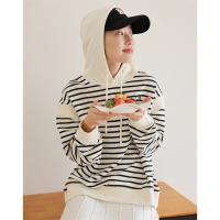 德玛纳春季新品黑白条纹连帽卫衣女休闲长袖宽松显瘦字母上衣
