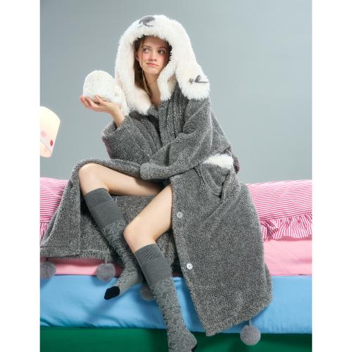 yso【礼物系列】睡袍女秋冬珊瑚绒可爱兔子睡袍长款高级感睡衣冬D