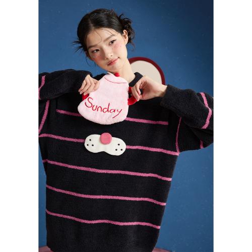 yso【酷猫系列】睡衣女半边绒秋冬高级感撞色条纹长袖女士家居服D