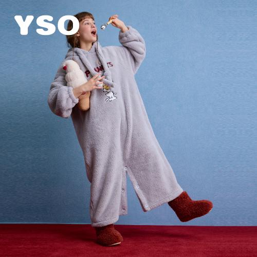 yso【史努比系列】连体睡衣女秋冬珊瑚绒长款睡衣保暖加绒家居服D