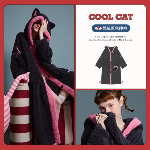 yso【酷猫系列】睡衣女冬季珊瑚绒加厚睡袍猫耳法兰绒外穿家居服D