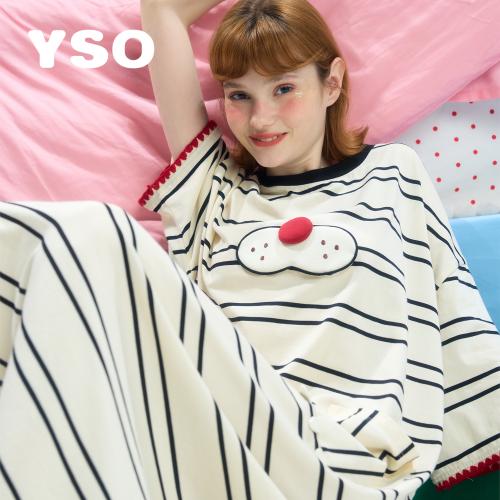 yso【酷猫系列】睡衣女春秋全棉短袖长款睡裙休闲条纹家居服C