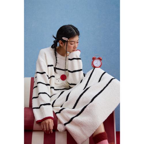 yso【酷猫系列】睡裙女秋冬高级感条纹半边绒长款睡衣女家居服D