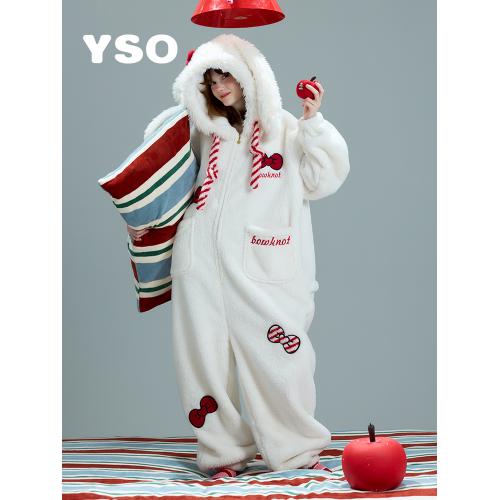 yso【礼物系列】连体睡衣女冬季珊瑚绒家居服新年红色过年家居服D
