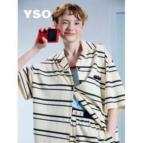 yso酷猫系列【100%纯棉】睡衣开衫女夏薄款短袖条纹套装可外穿