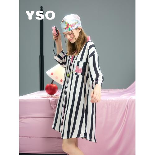 yso【酷猫系列】睡裙女薄款长袖衬衫裙可爱条纹睡衣女春秋家居服