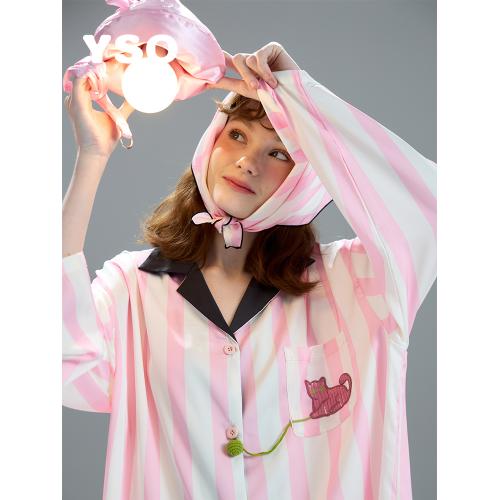 yso【酷猫系列】睡衣女春秋冰丝套装甜美可爱猫咪家居服可外穿A