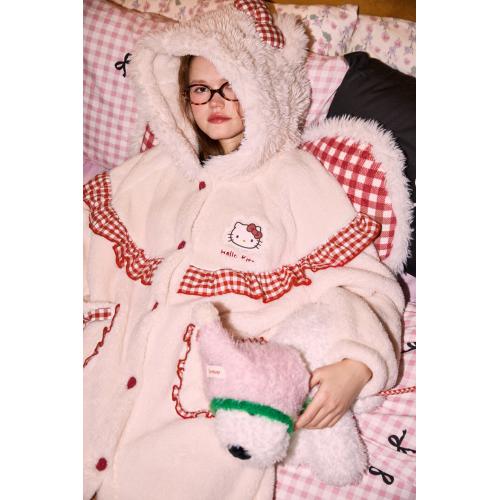 【Gukoo果壳】秋冬睡袍Hellokitty圣诞系列撞色连帽保暖冬季睡袍女
