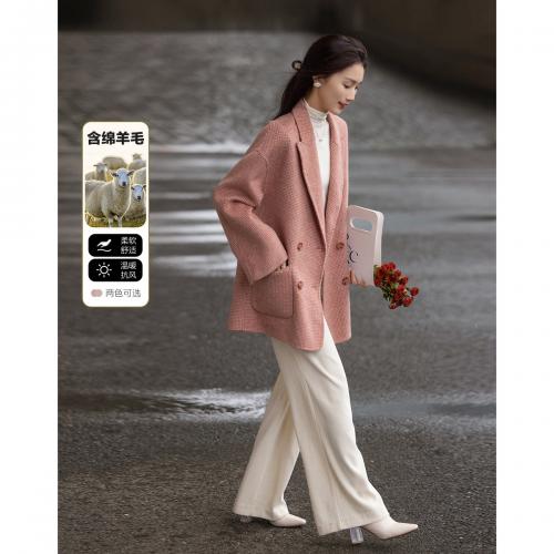 【韩风大女主】24冬静奢千鸟格含绵羊毛双面呢双排扣松弛女外套