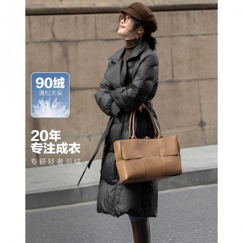 【静奢老钱】冬400T春亚纺90鸭绒长款双排扣荷叶边羽绒服女