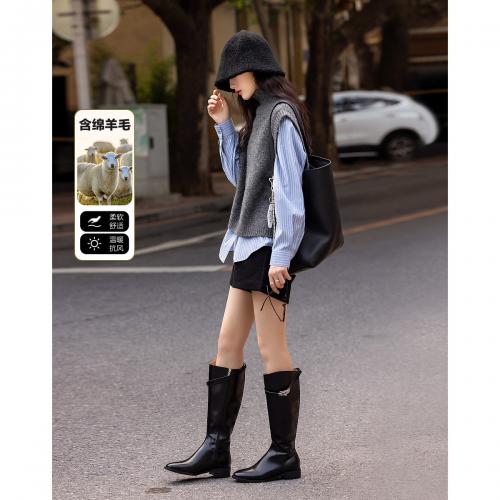 【知识分子套装】冬静奢低饱和高领无袖针织马甲条纹衬衫两件套女