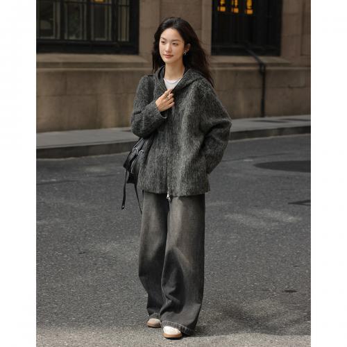 【长毛呢黑灰外套】2024冬款保暖气质黑灰带帽外套女