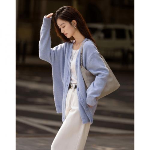 【温柔浅紫】2024冬季款慵懒软糯V领针织开衫宽松毛衣女