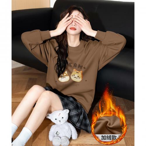 2024冬季女圆领前胸面包图案加绒卫衣复古百搭气质休闲韩版