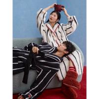 yso【酷猫系列】睡袍情侣秋冬女高级感加绒浴袍男珊瑚绒长款睡衣D