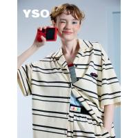 yso酷猫系列【100%纯棉】睡衣开衫女夏薄款短袖条纹套装可外穿