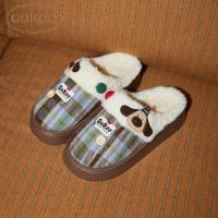 Gukoo/果壳拖鞋女冬季派对小狗新款格子加绒保暖女士居家棉拖鞋