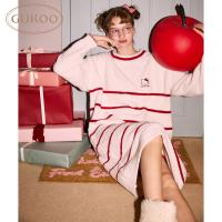 Gukoo/果壳睡裙冬季HelloKitty联名新款条纹半边绒女家居服睡裙D