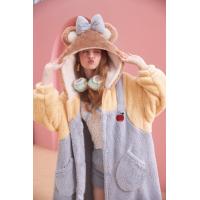 果壳（Gukoo）睡衣女秋冬季珊瑚绒薄绒甜美可爱保暖蝴蝶结家居服撞色睡袍女