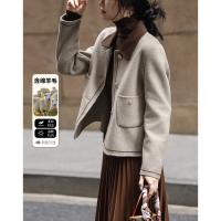【雪野一梦】冬季静奢撞色翻领氧感绵羊毛双面呢绣线大衣女短外套