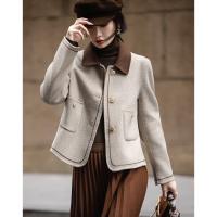 【雪野一梦】冬季静奢撞色翻领氧感绵羊毛双面呢绣线大衣女短外套