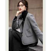 【雪野一梦】冬季静奢撞色翻领氧感绵羊毛双面呢绣线大衣女短外套