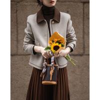 【雪野一梦】冬季静奢撞色翻领氧感绵羊毛双面呢绣线大衣女短外套